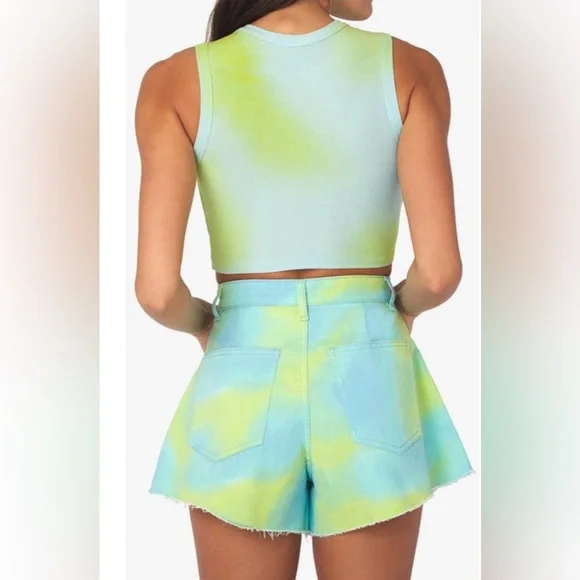 NEW WeWoreWhat Flare Bell High Waisted Tie Dye Shorts in Blue & Green Sz 27 NWT - Picture 8 of 9
